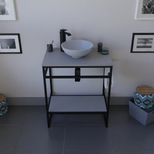 Meuble salle de bain STRUCTURA 70 cm en métal noir, étagère ouverte, plan avec vasque à poser gris mat