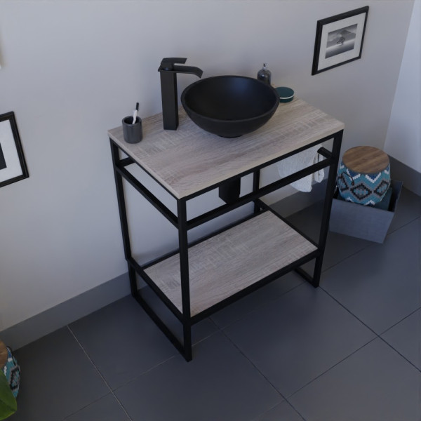 Meuble salle de bain STRUCTURA 70 cm en métal noir, étagère et plan aspect bois, vasque à poser noire
