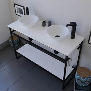 Meuble salle de bain STRUCTURA 120 cm en métal noir, étagère ouverte, plan avec double vasque à poser blanche