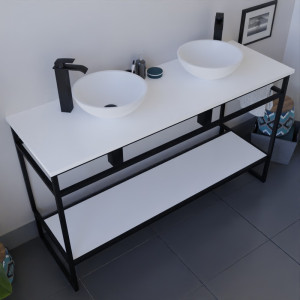 Meuble salle de bain STRUCTURA 140 cm en métal noir, étagère ouverte, plan avec double vasque à poser blanche