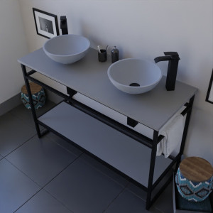 Meuble salle de bain STRUCTURA 120 cm en métal noir, étagère ouverte, plan avec double vasque à poser grise