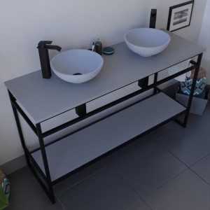 Meuble salle de bain STRUCTURA 140 cm en métal noir, étagère ouverte, plan avec double vasque à poser grise