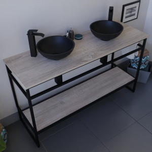 Meuble salle de bain STRUCTURA 140 cm en métal noir, étagère ouverte, plan aspect bois avec double vasque à poser noire
